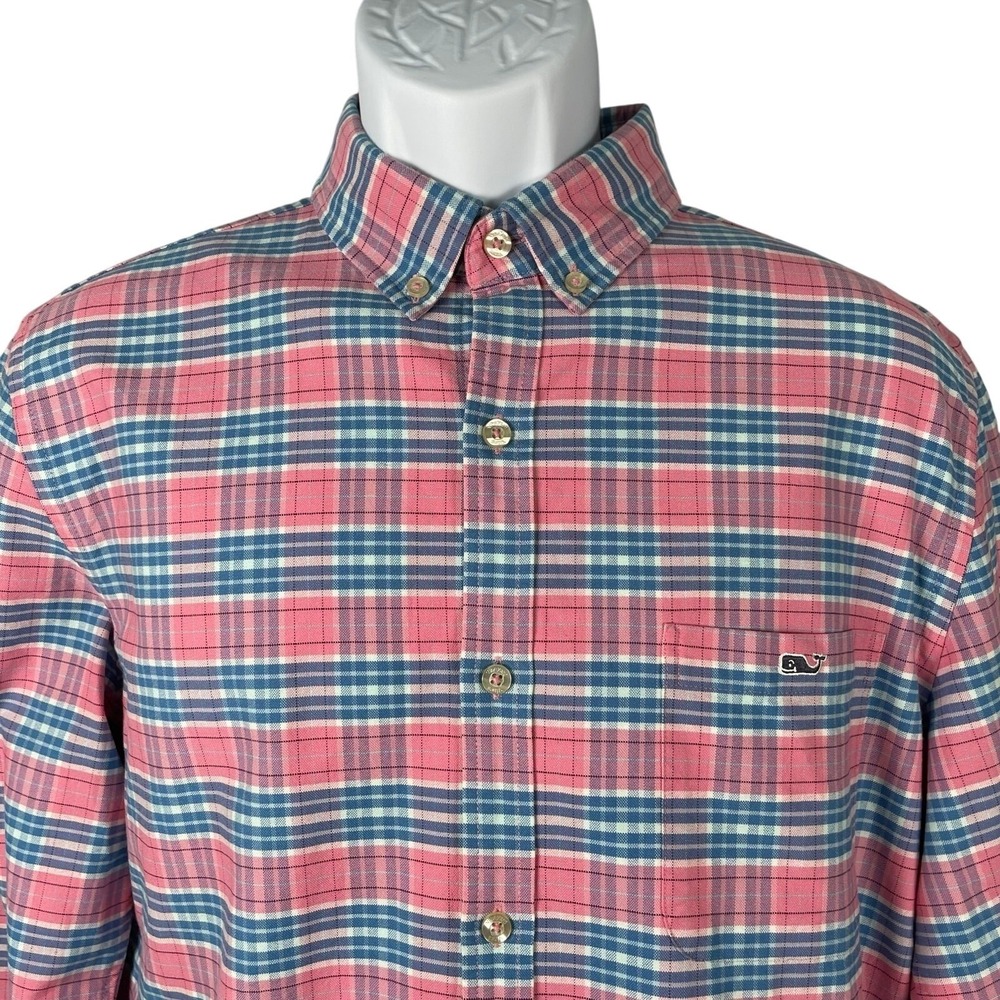 Vineyard Vines Shirt Mens Medium Slim Fit Tucker Pink Blue Plaid Long Sleeve